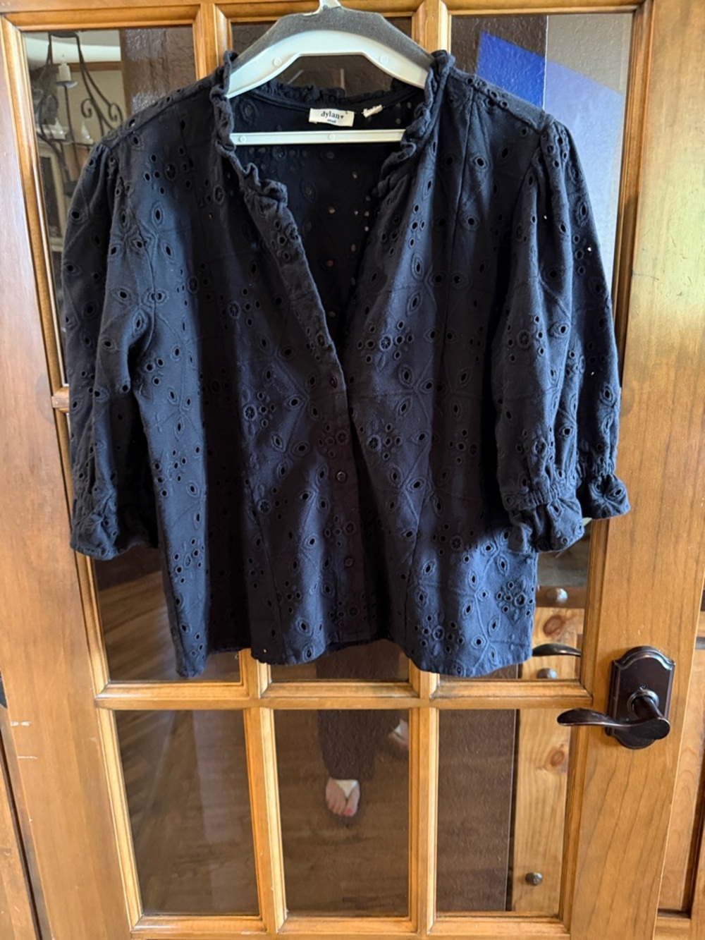 dylan Black Eyelet Ruffle-Trim Button Front Blouse